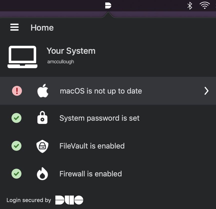 Screenshot from the Duo Device Health app, which shows that the system is at risk because macOS is not up to date.