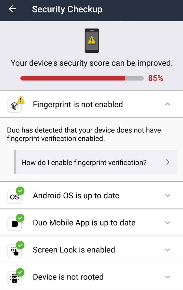 Screenshot of the Duo Device Health app showing a security checkup where the device health can be improve because fingerprint isn't enabled.