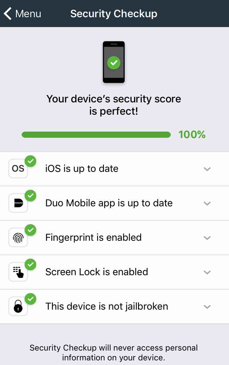 Screenshot of the Duo Device Health app showing a security checkup where the device's security score is a perfect 100%.