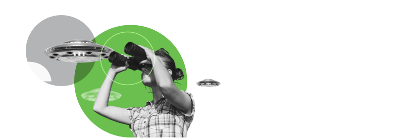 6. A person using binoculars with three flying saucers hovering, representing monitoring unusual login activity.