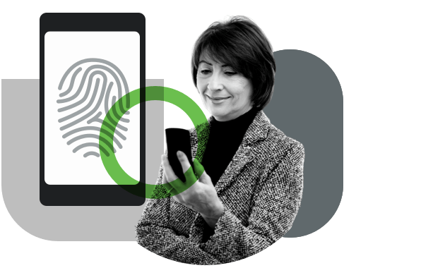 An woman and a biometric image on a mobile device representing Duo's passwordless multi-factor authentication approach