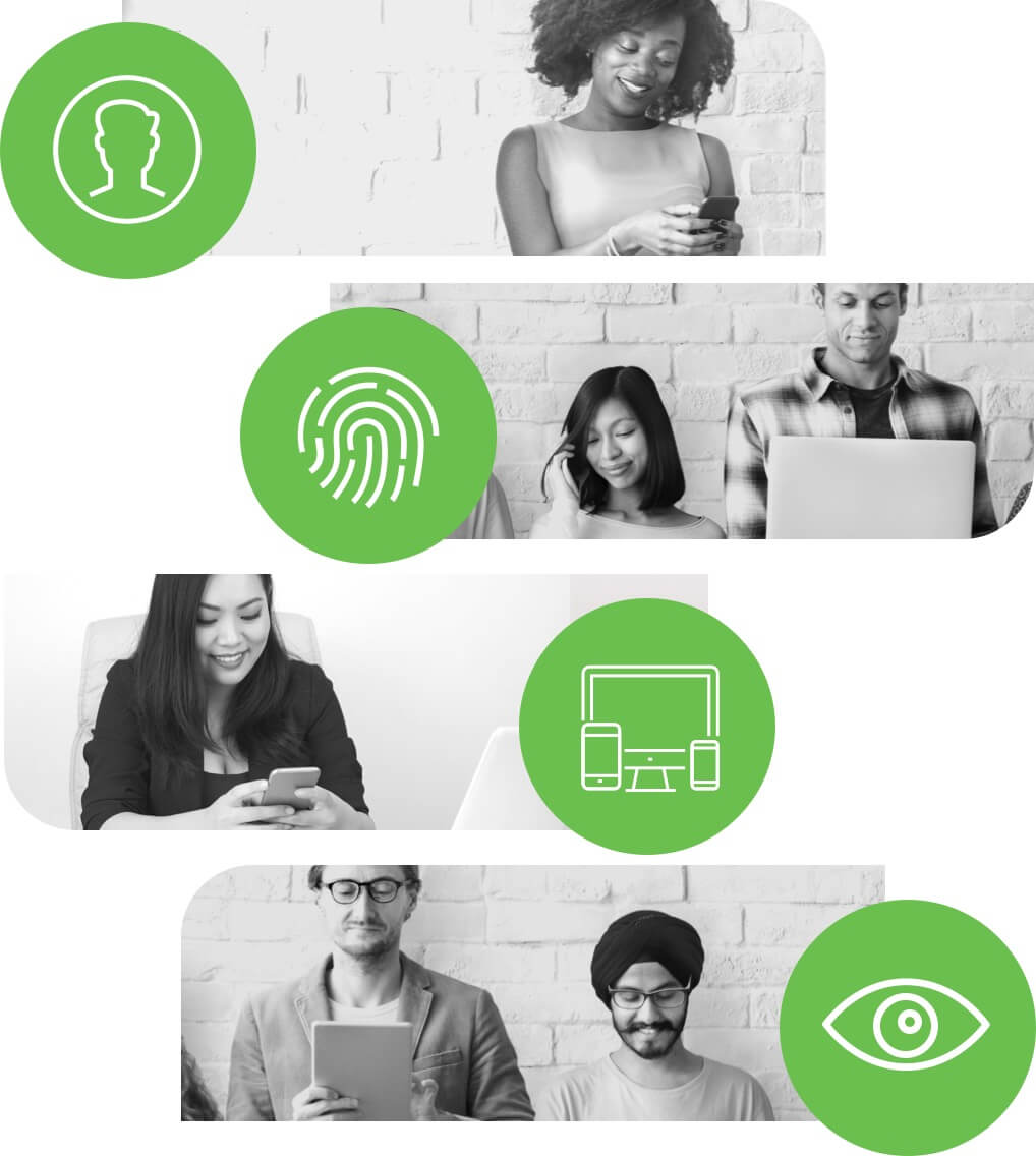 Multiple people on devices & icons of a silhouette, a fingerprint, devices & an eye representing passwordless authentication.