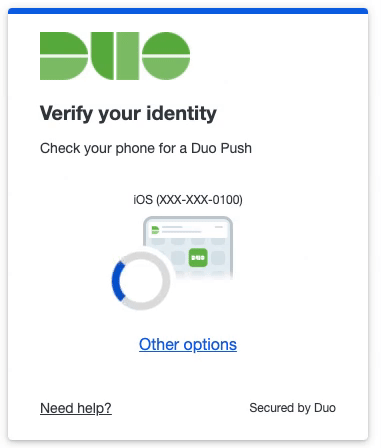 A screen grab with Verify your identity: Check your phone for a Duo Push message displaying.