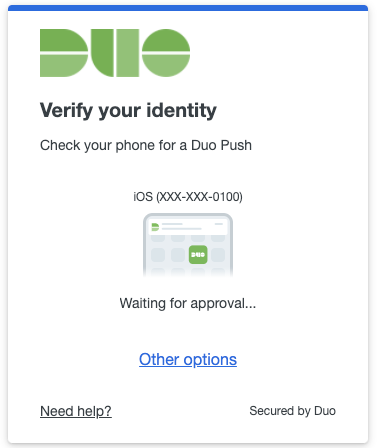 A screen grab with a message to Verify your identity: Check your phone for a Duo Push.