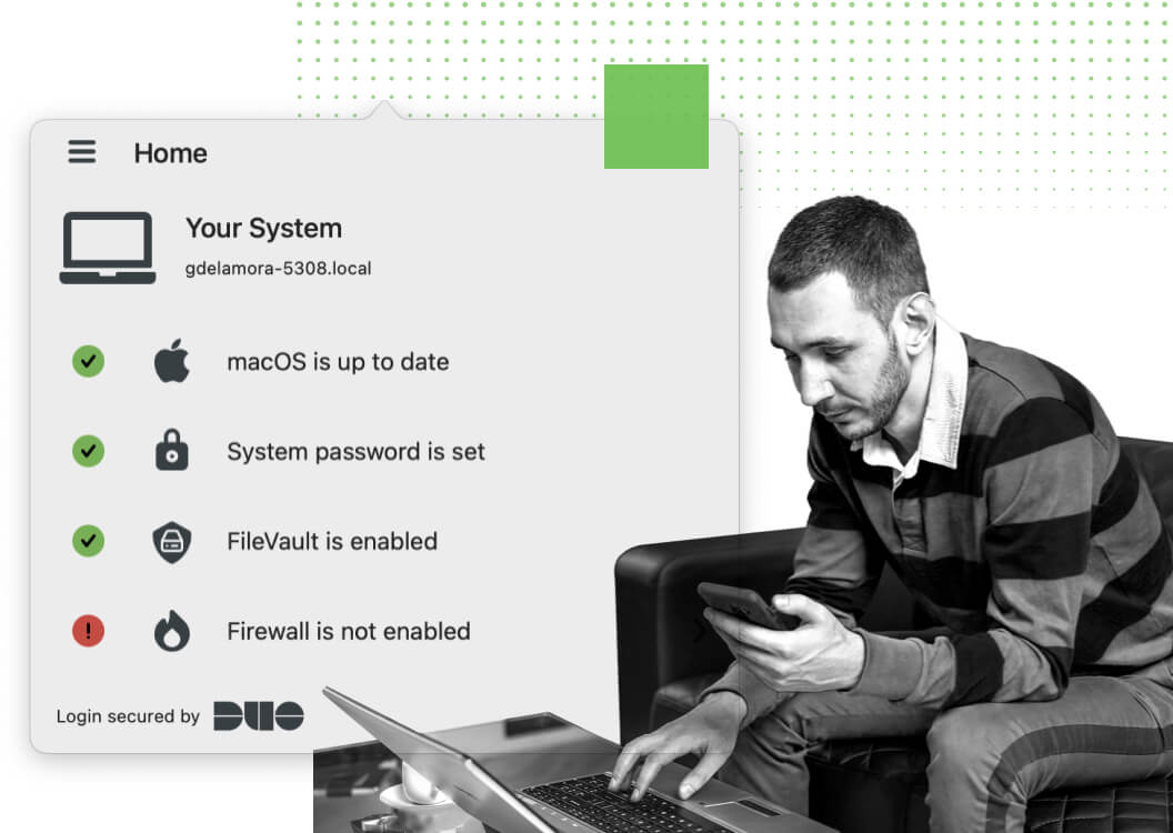 image of a person on a mobile device and a duo dashboard showing systems that are up to date and those that are not