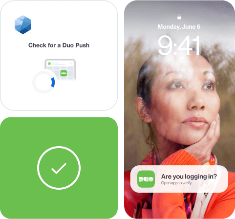 Duo prompt images on mobile devices asking the user if they're logging in to ensure their identity and secure access.