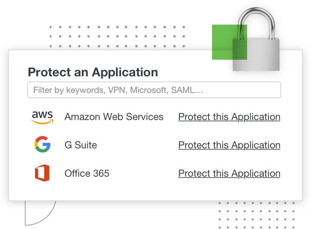 An image that shows an example of the applications that can be protected by Duo such as AWS, GSuite and Office365