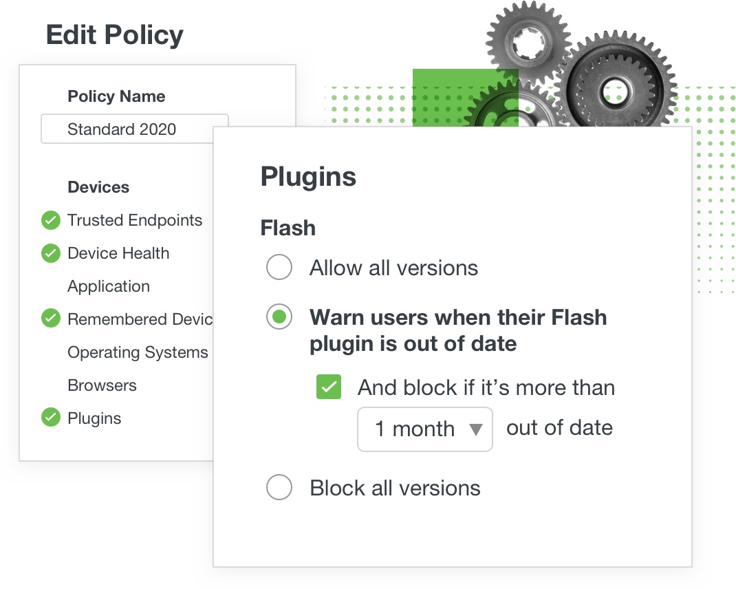 Image of a duo dashboard showing some policies and plugins the admin will have to manage