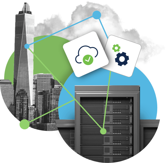 On-site data center, cityscape & app icons represent how Cisco Secure serves multi-environment information technology (IT).