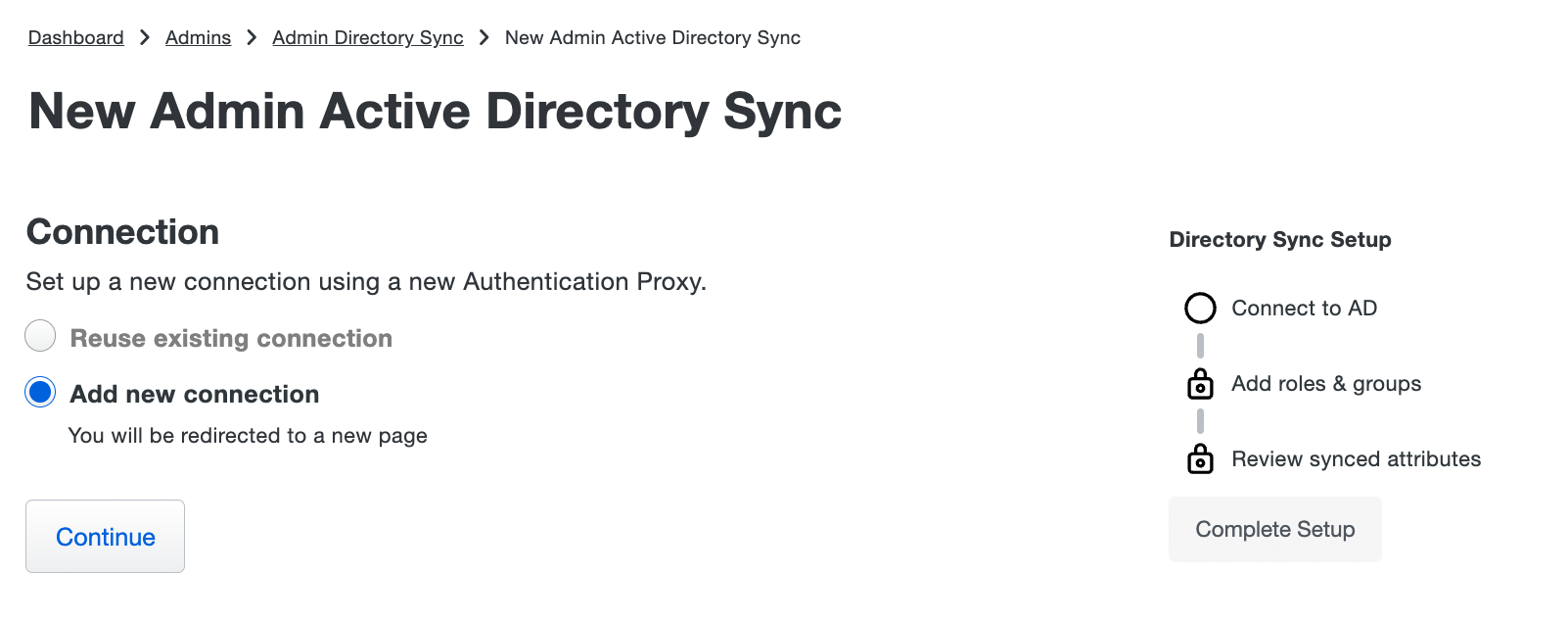 New Admin AD Sync Connection