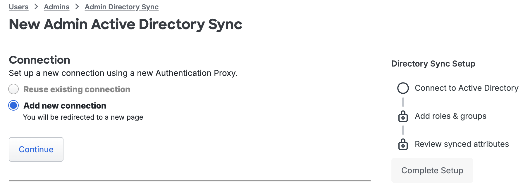 New Admin AD Sync Connection