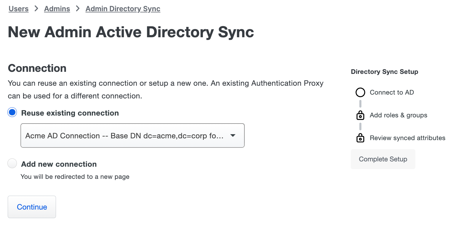Reuse Admin AD Sync Connection