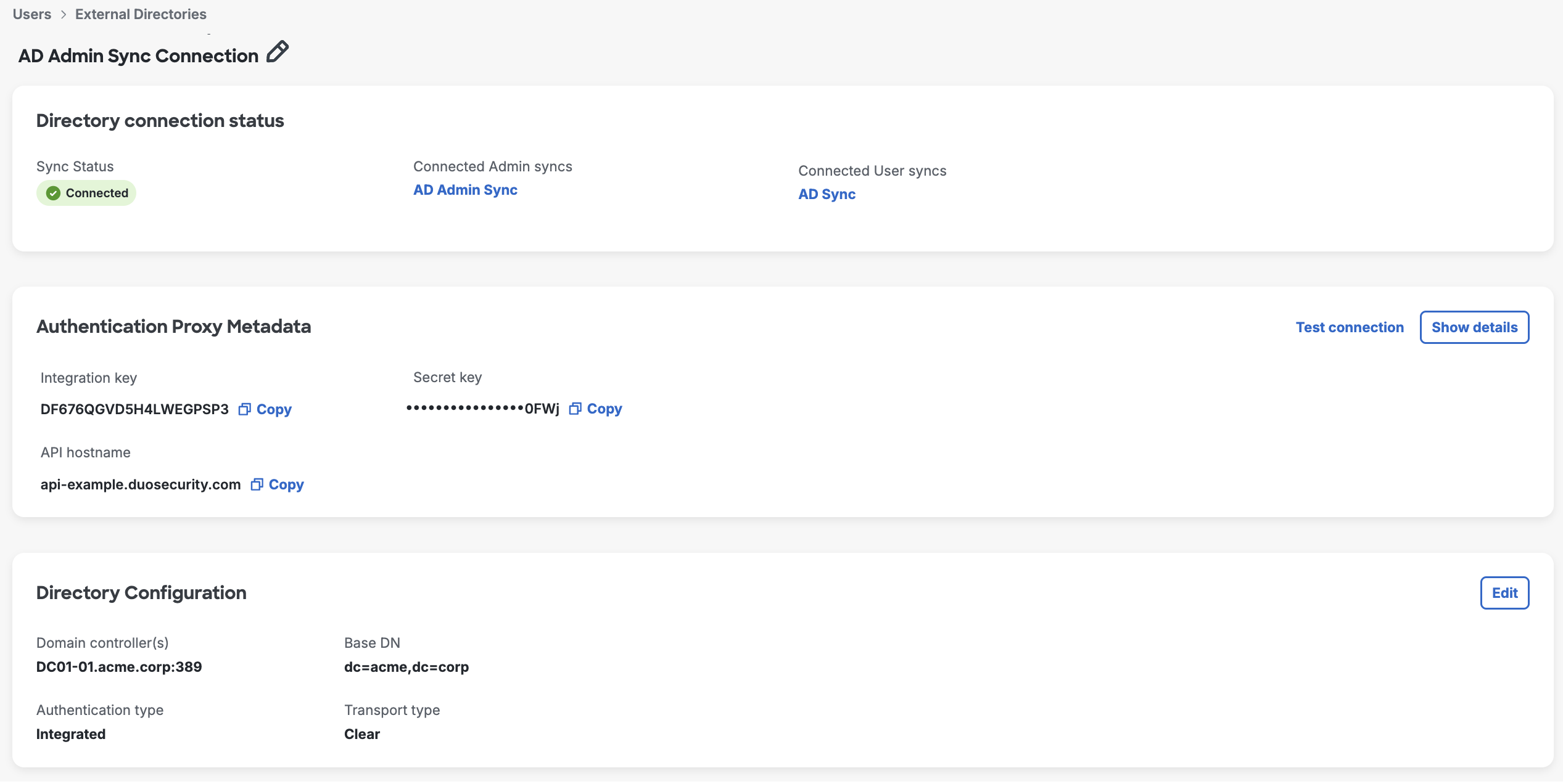 Admin AD Sync Connection with Connected Status