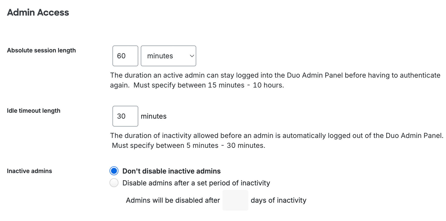 Admin Access Settings