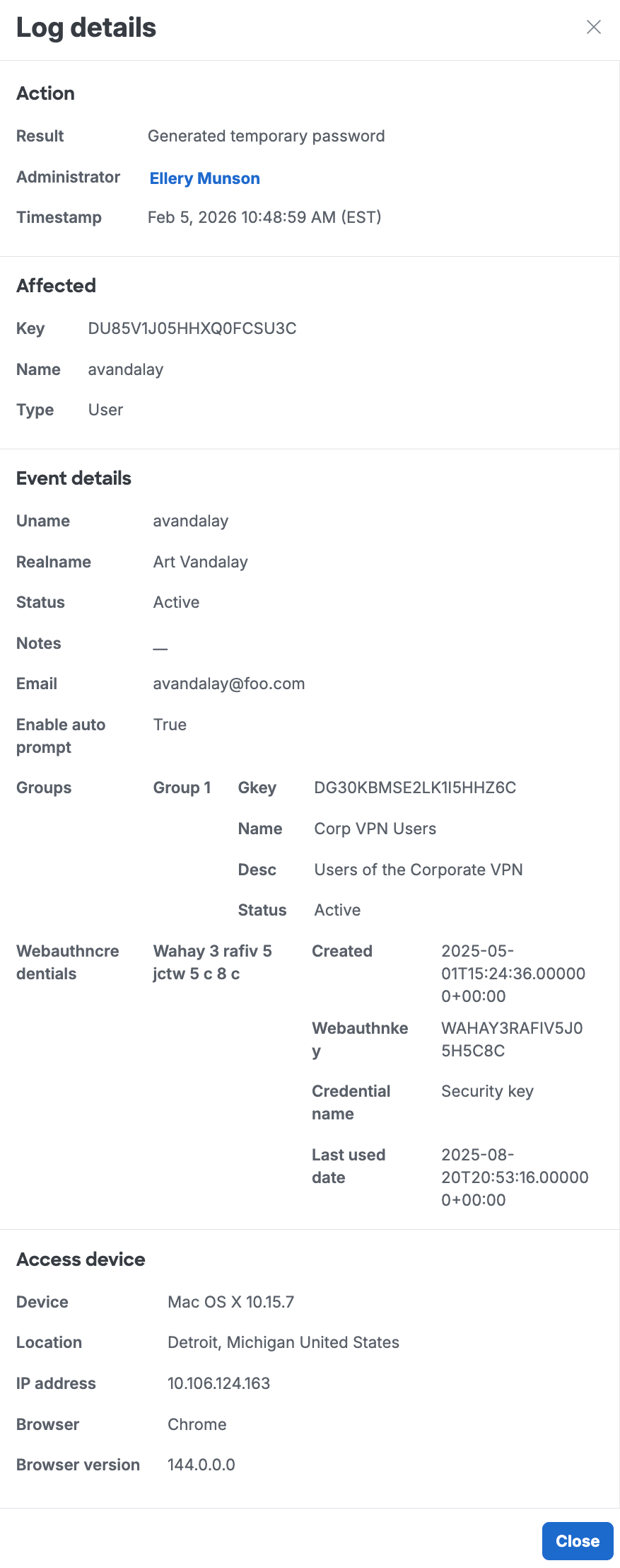 Activity Log Action Details
