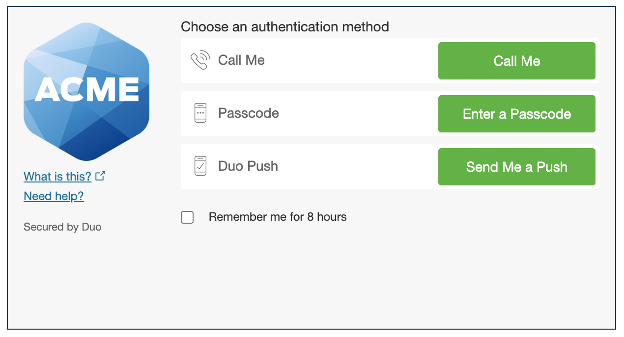 Authentication prompt with Duo branding