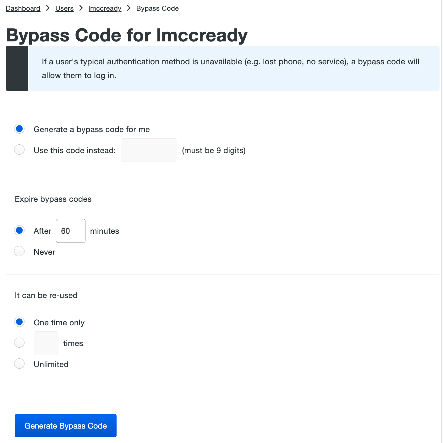 Bypass Code Options