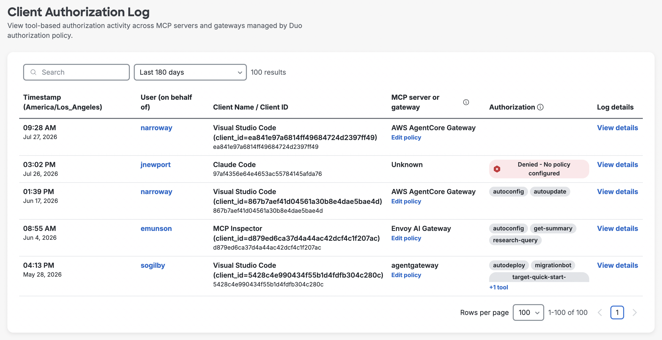 Agentic AI MCP Client Authorization Log in the Duo Admin Panel