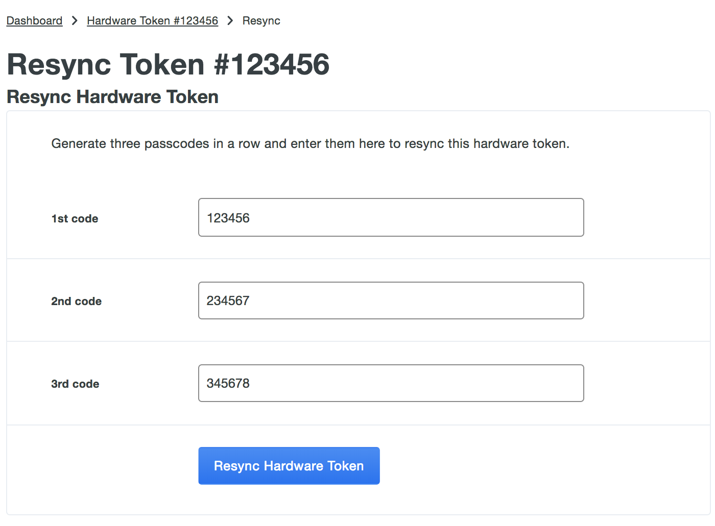 Enter token codes for resync