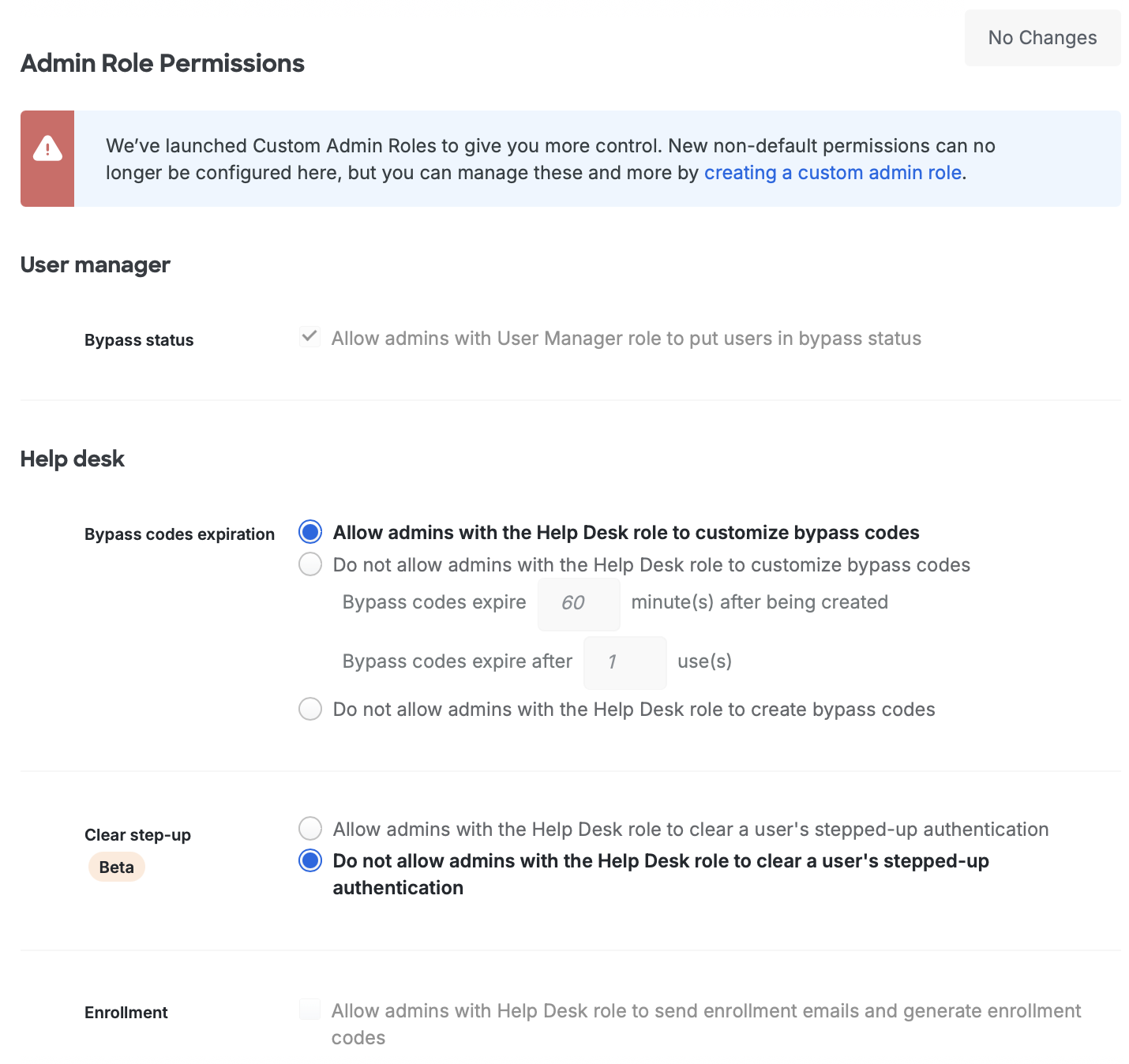 Admin Role Permissions Settings