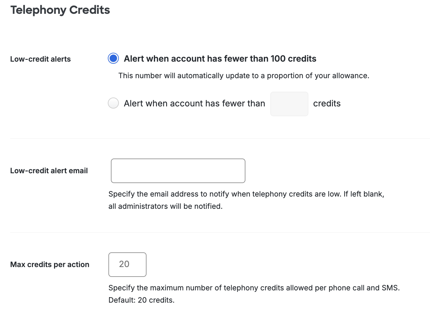 Telephony credits settings