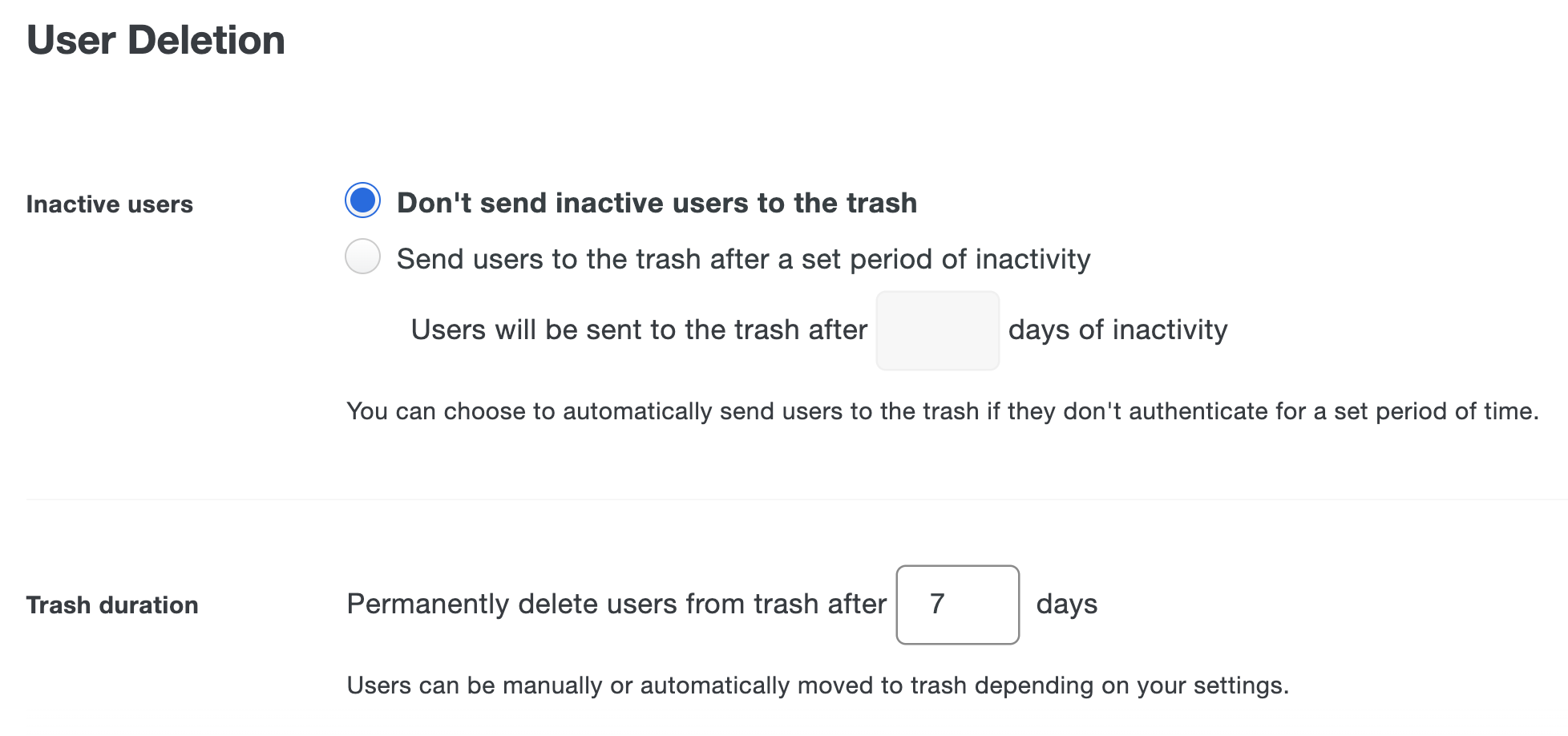 User Deletion settings