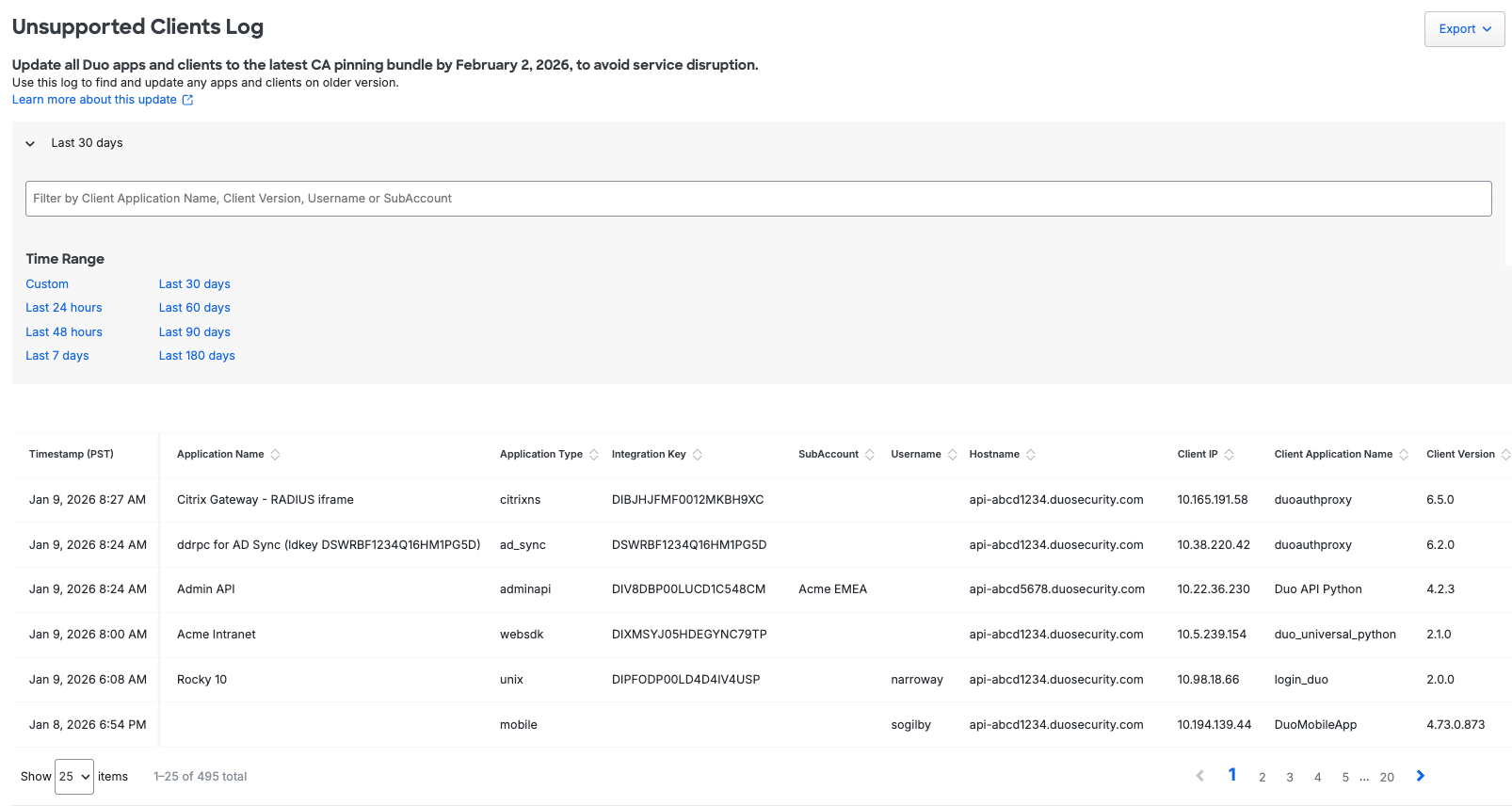 Unsupported Clients Log in the Duo Admin Panel