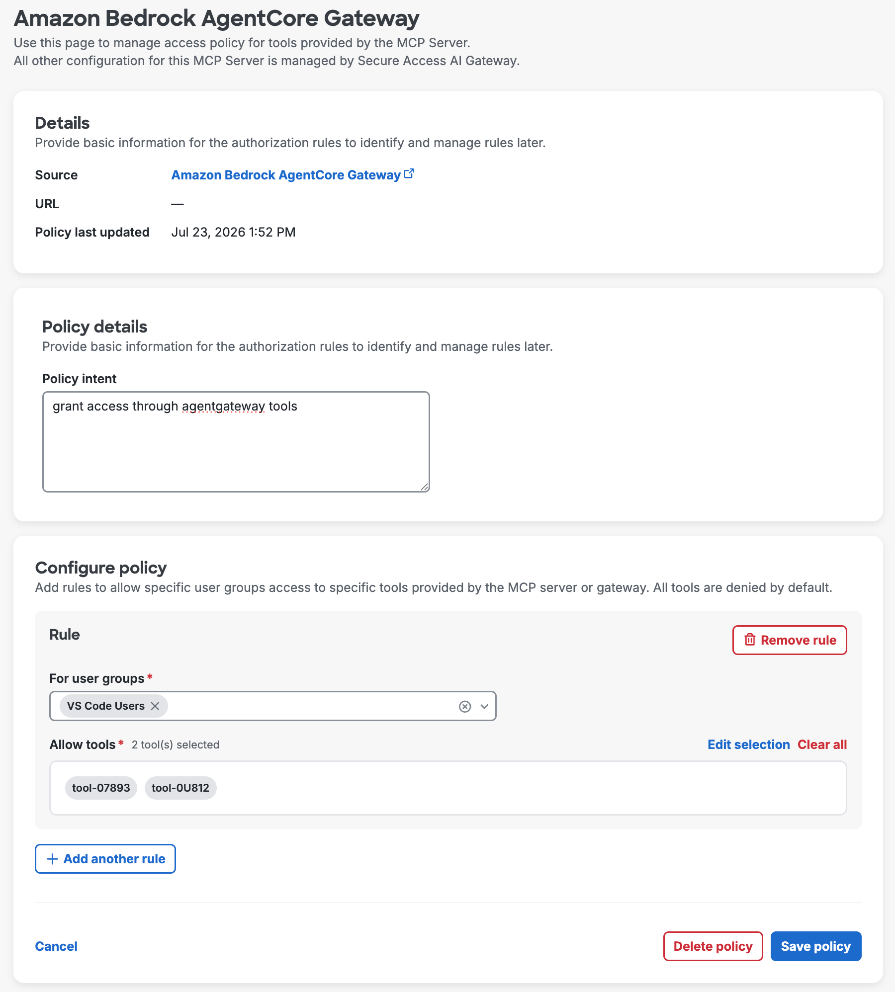 MCP Tool Authorization Policy and Rules