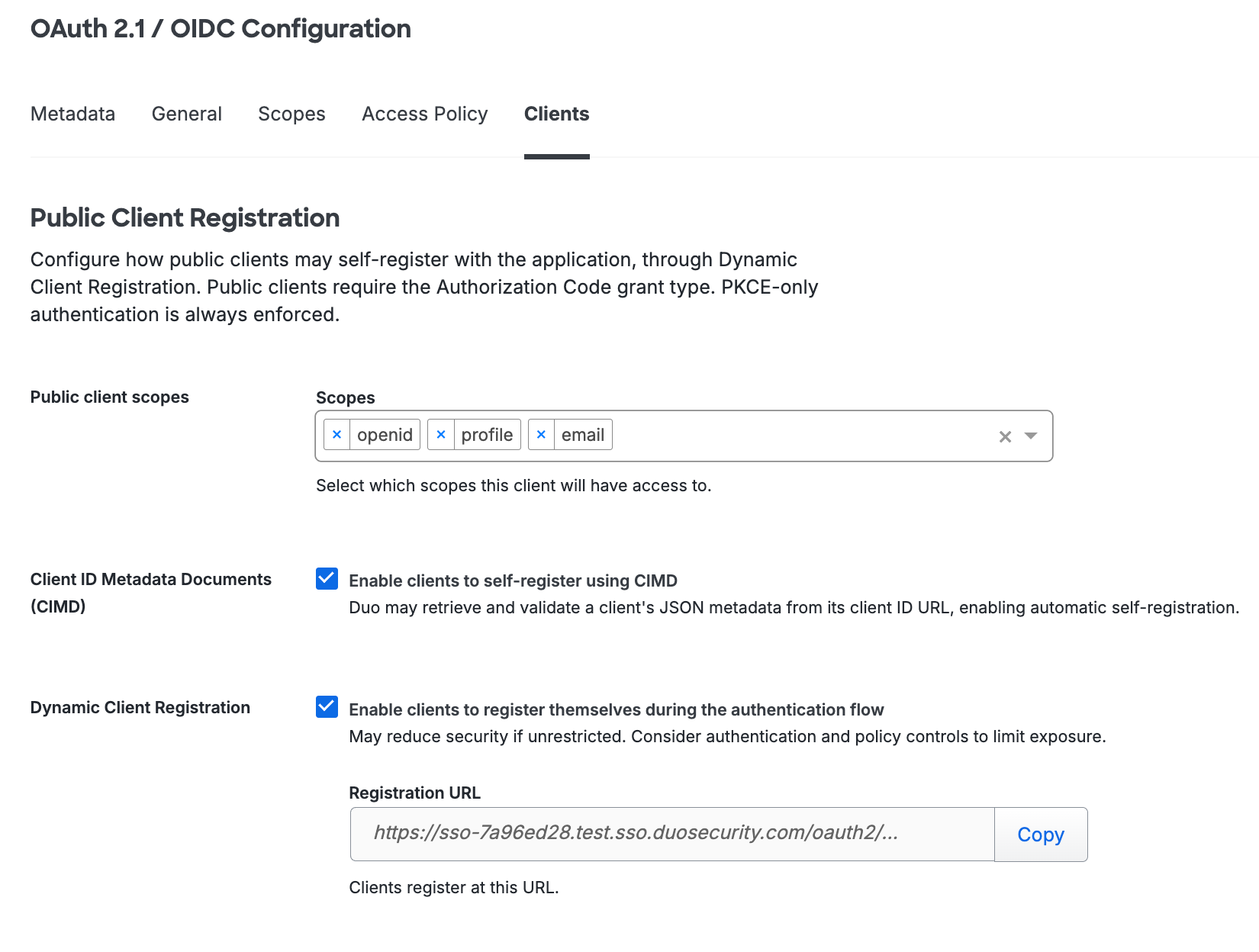 MCP Public Client Registration Configuration