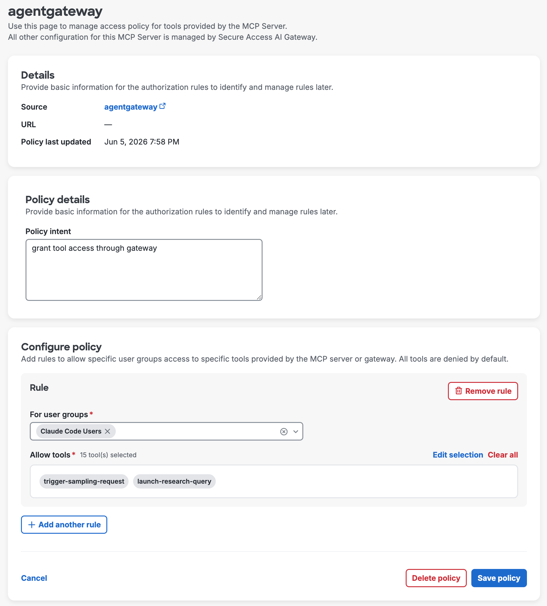 MCP Tool Authorization Policy and Rules