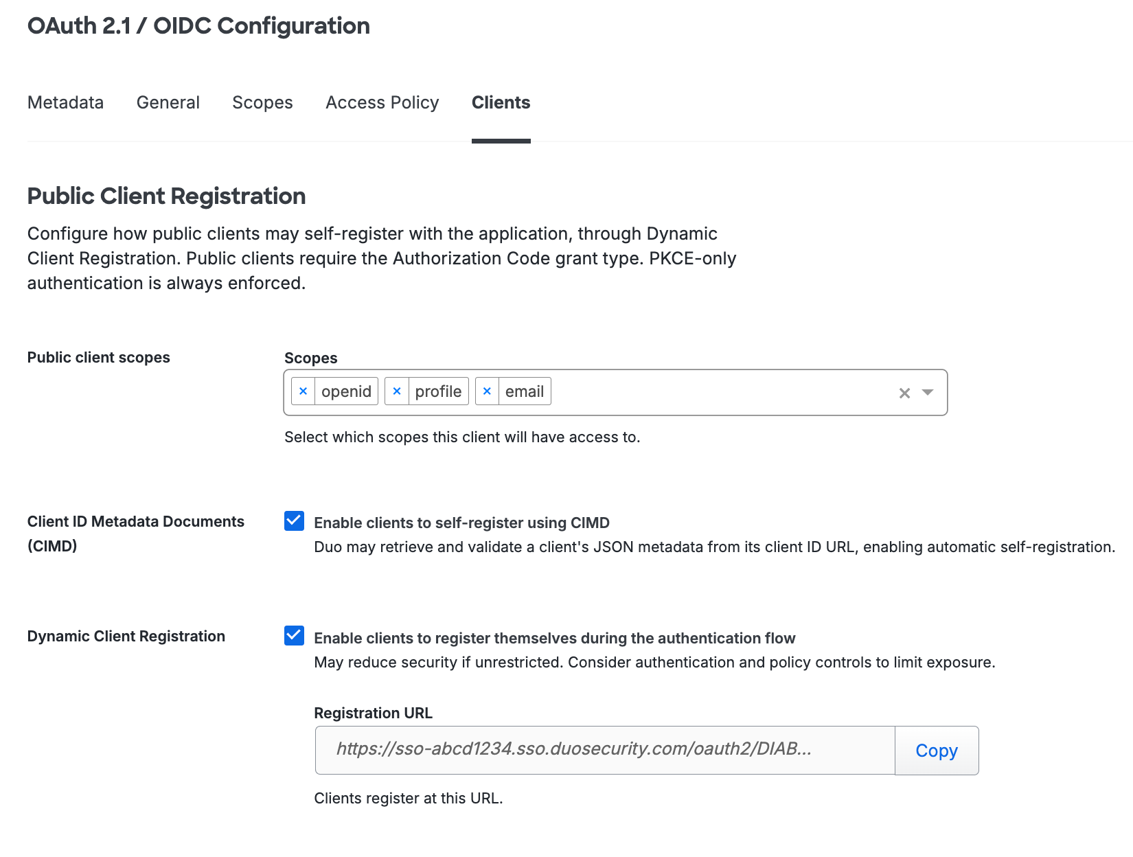 MCP Public Client Registration Configuration