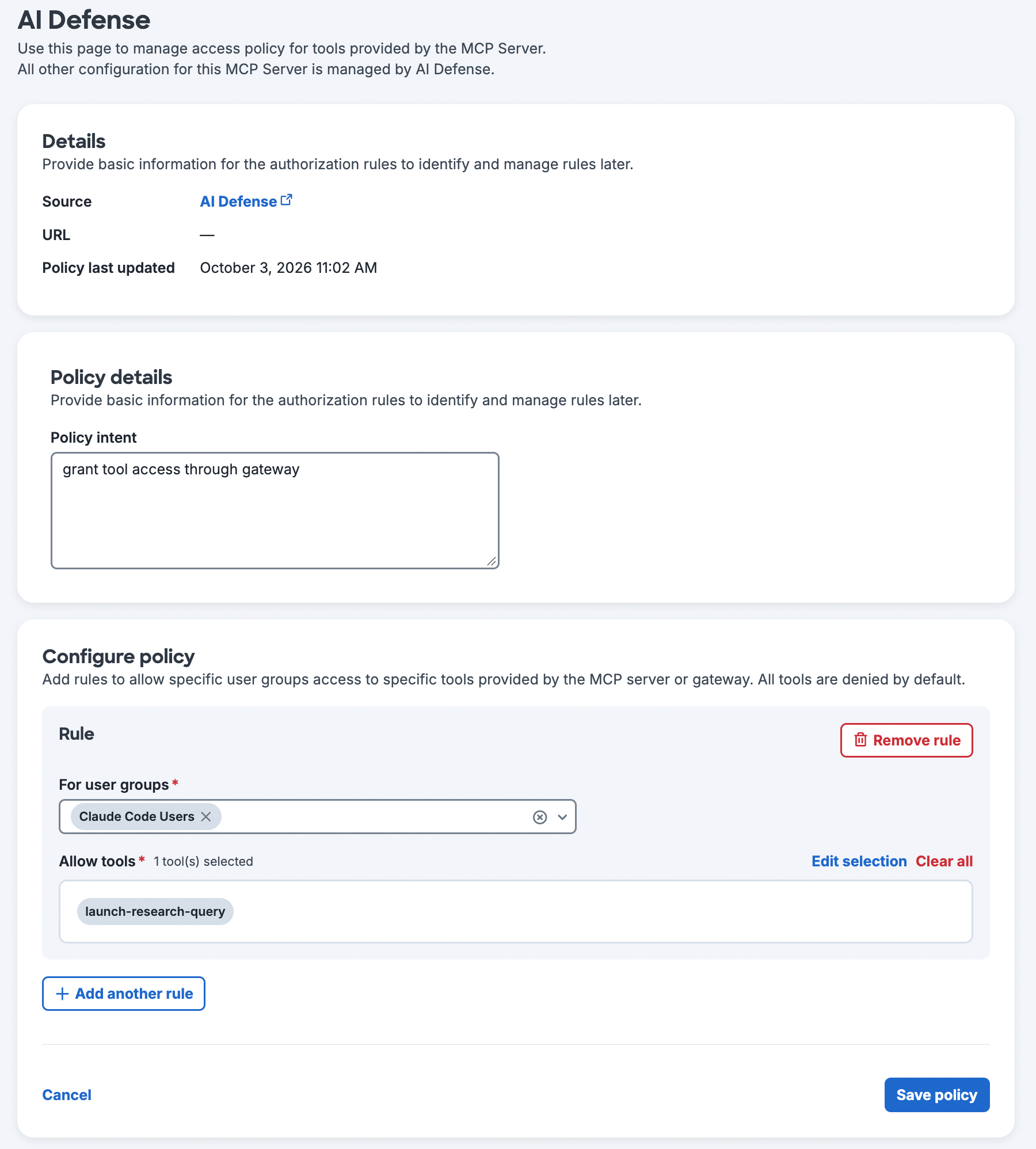 MCP Tool Authorization Policy and Rules