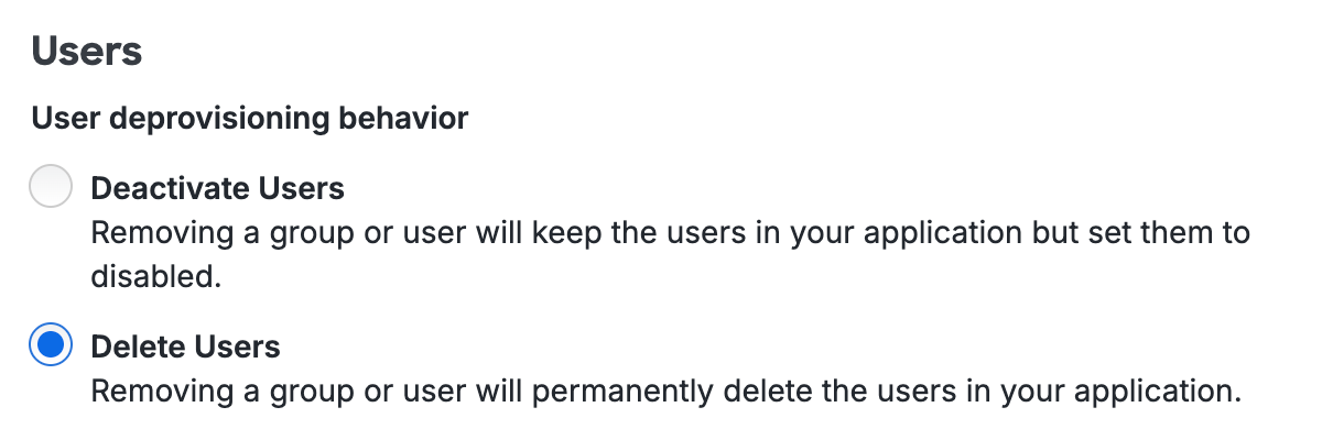Provisioning Options for Users set to Delete