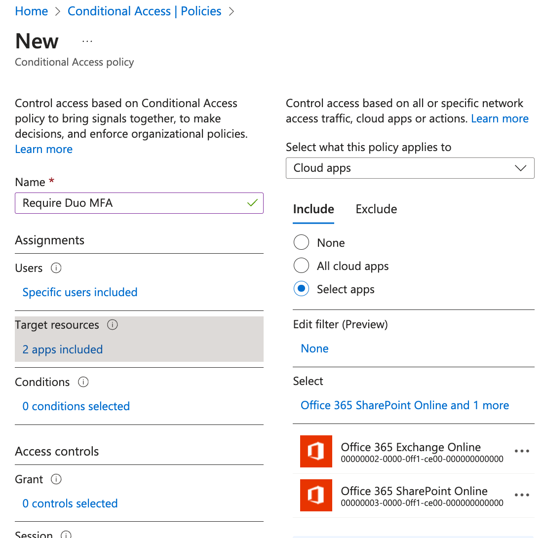 Duo Azure CA Policy Cloud App Assignment
