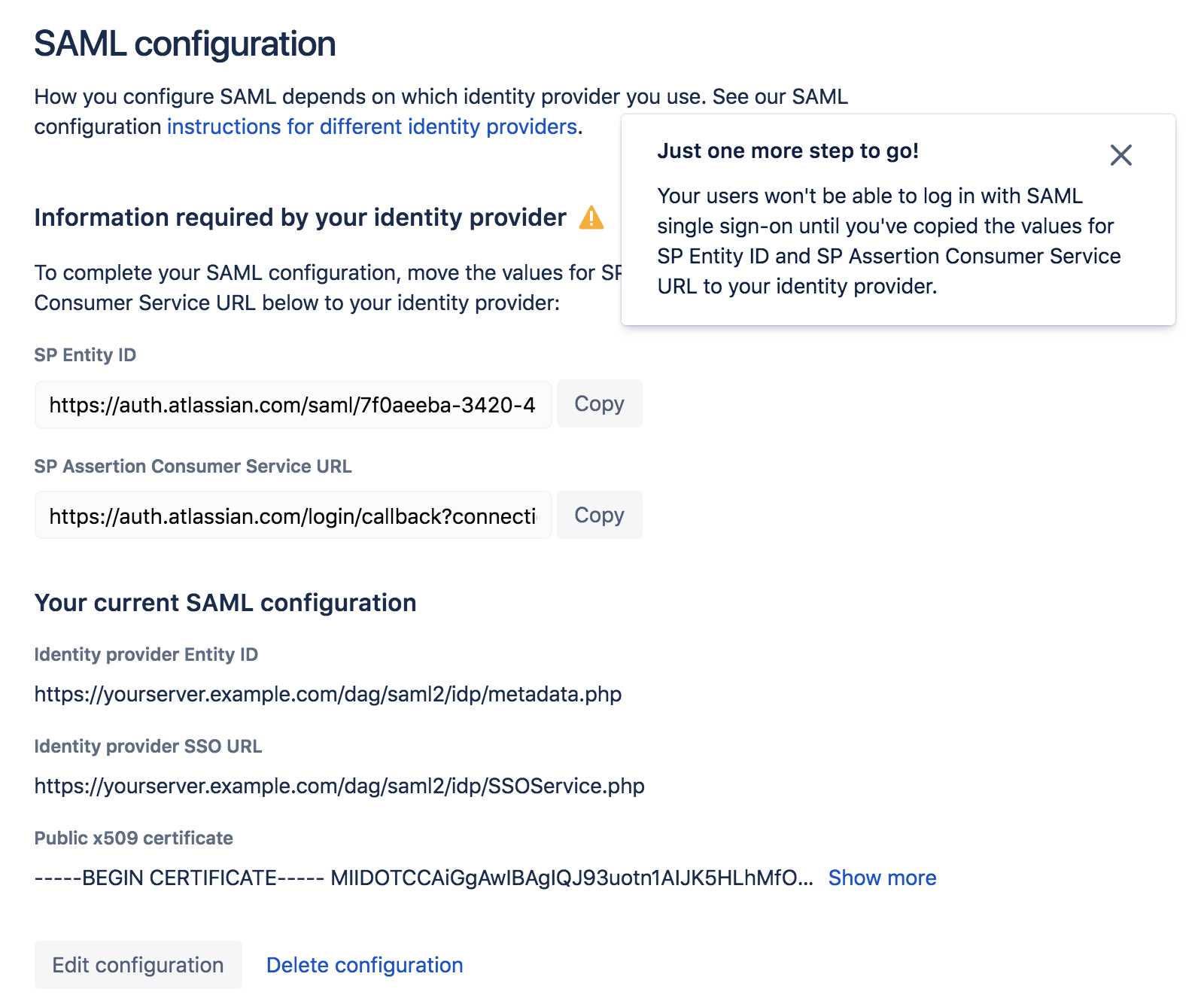 Atlassian Cloud Single Sign-On Settings Page Continued