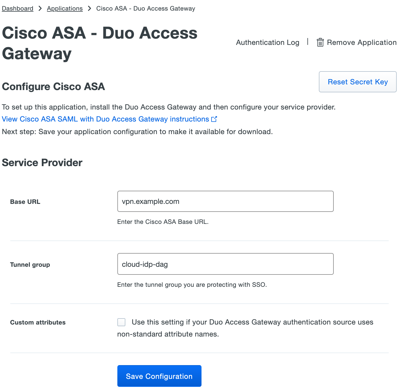 Duo Cisco ASA Application Settings