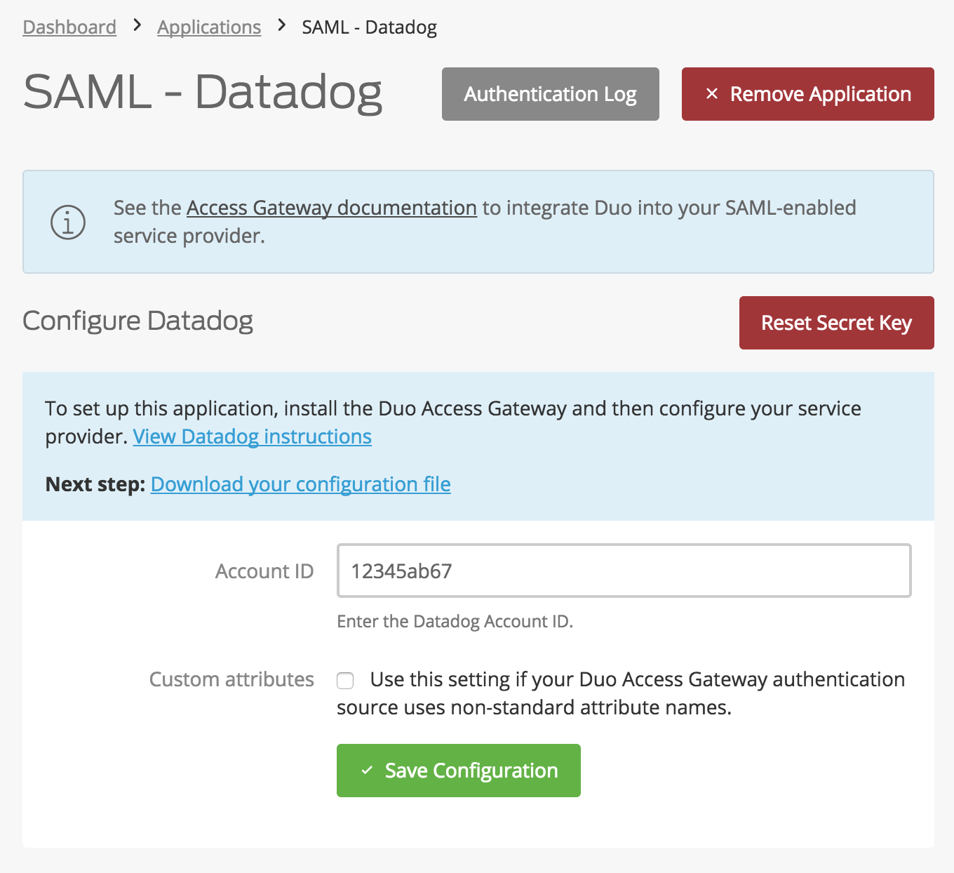 Duo Datadog Application Settings