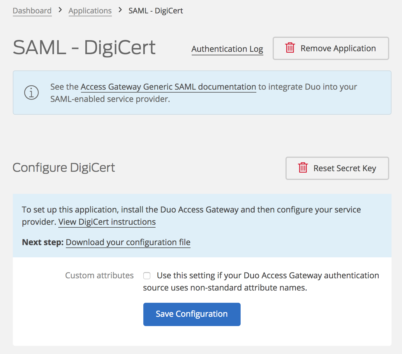 Duo DigiCert Application Settings