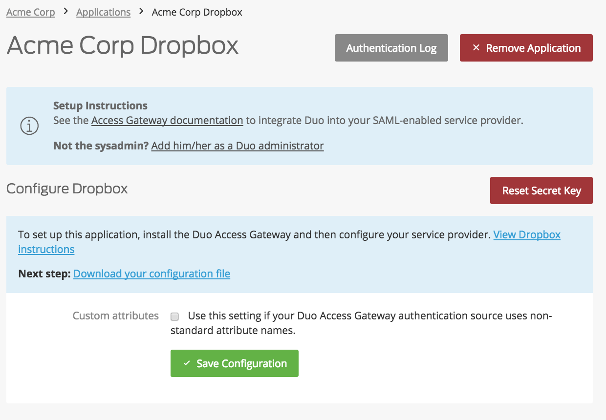 Duo Dropbox Application Settings