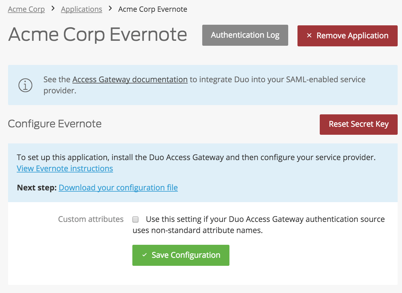 Duo Evernote Application Settings
