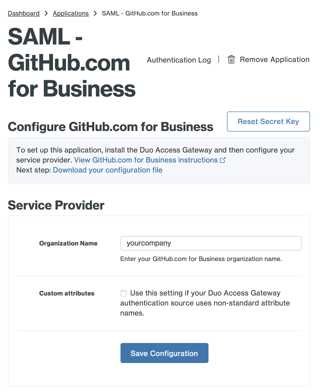 Duo GitHub.com for Business Application Settings