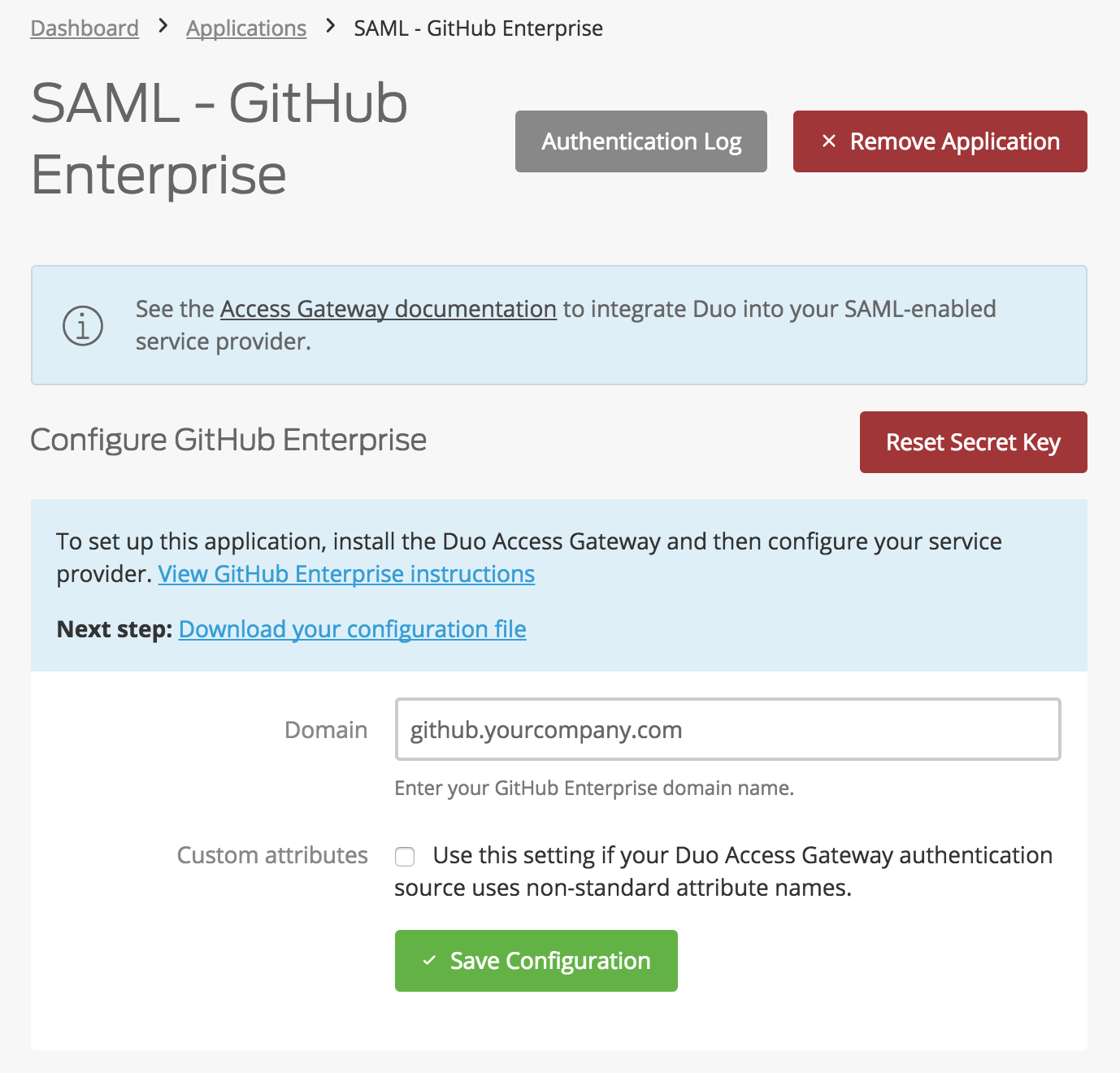 Duo GitHub Enterprise Application Settings