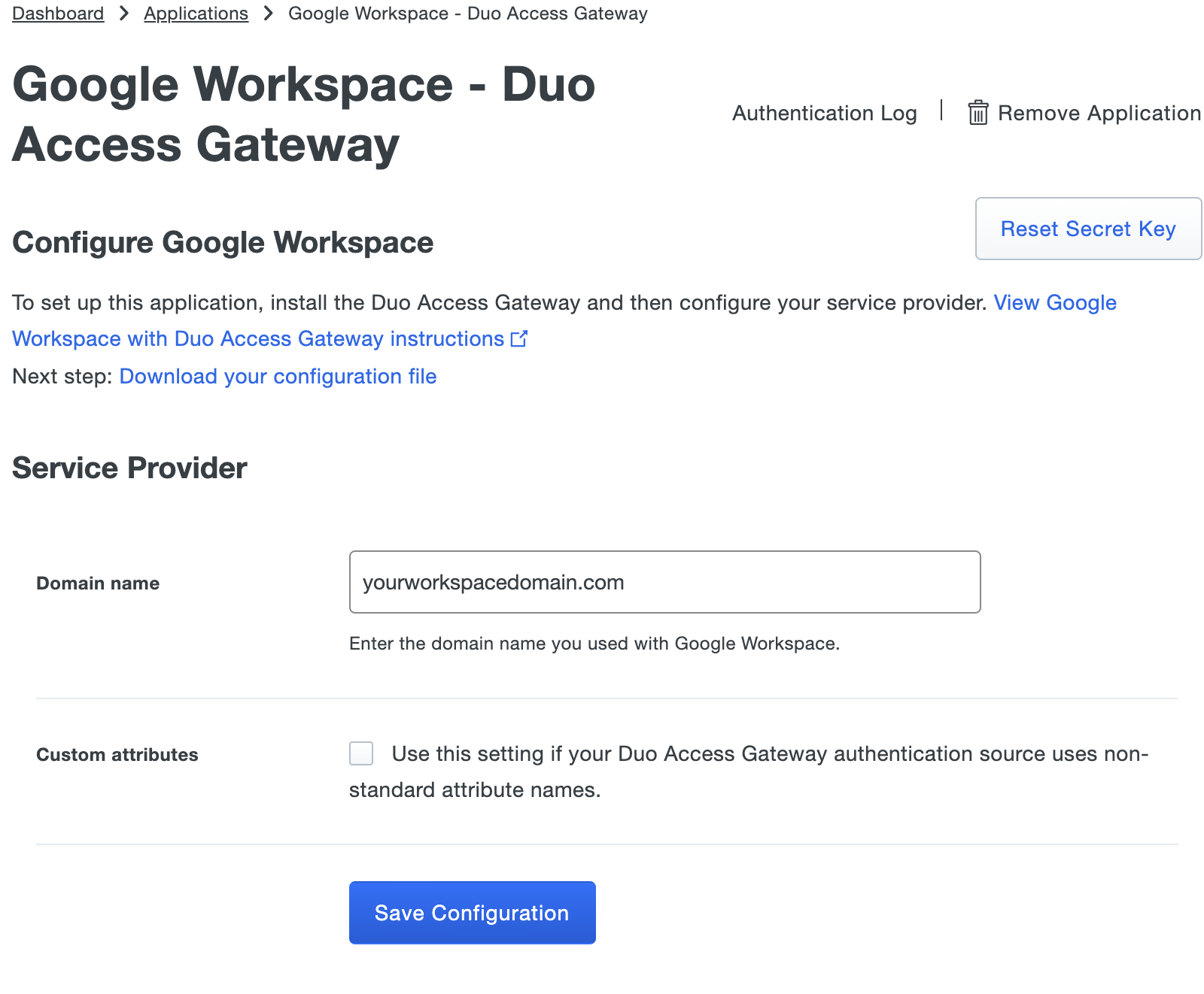 Duo Google Workspace Application Settings