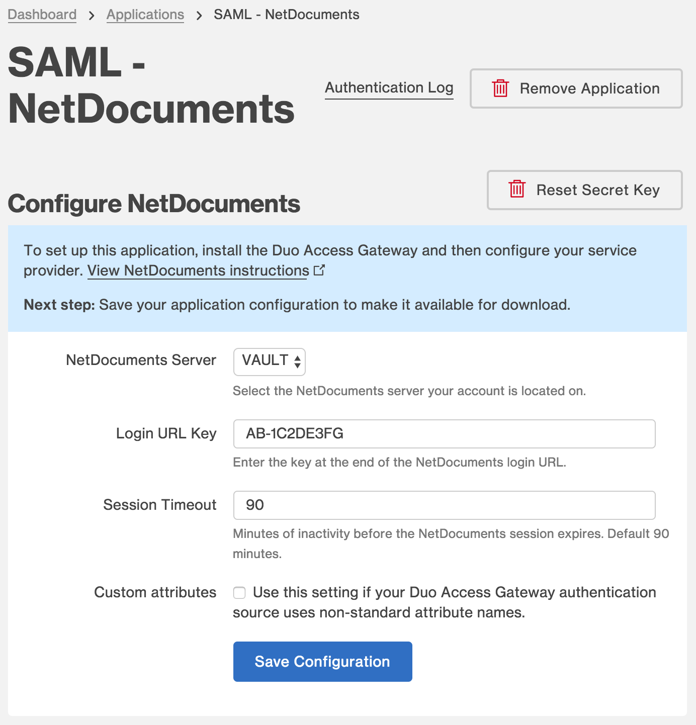 Duo NetDocuments Application Settings