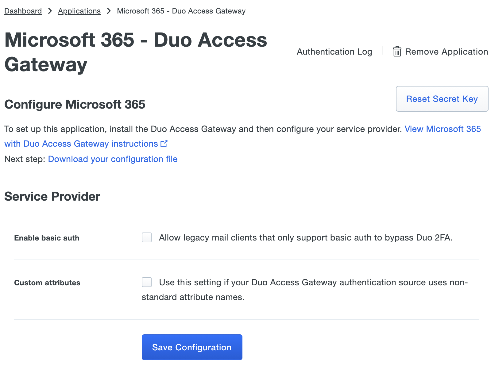 Duo Microsoft 365 Application Settings