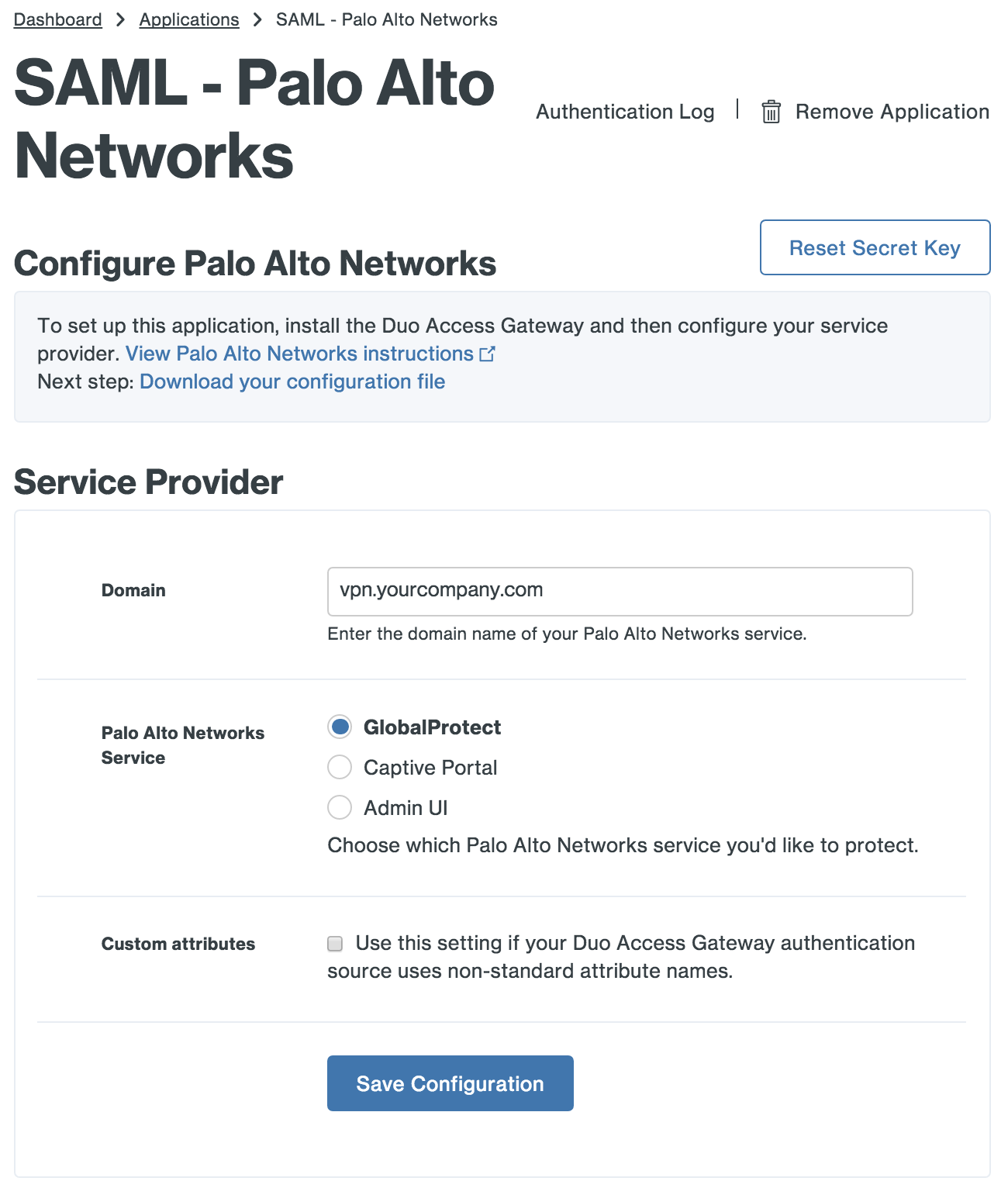 Duo Palo Alto Networks Application Settings