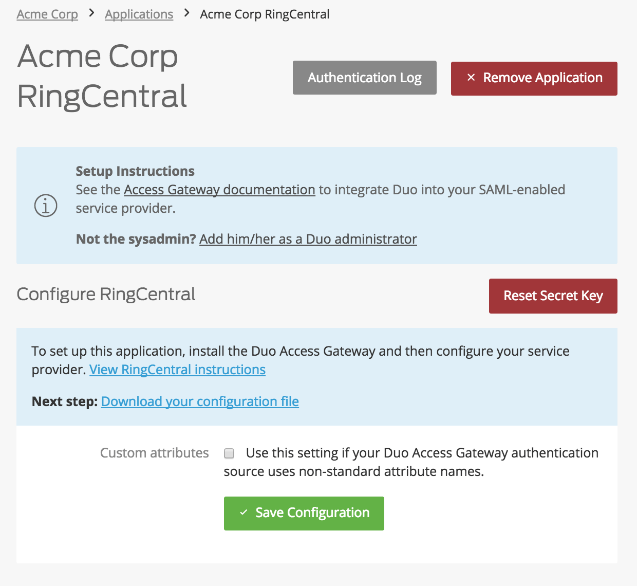 Duo RingCentral Application Settings