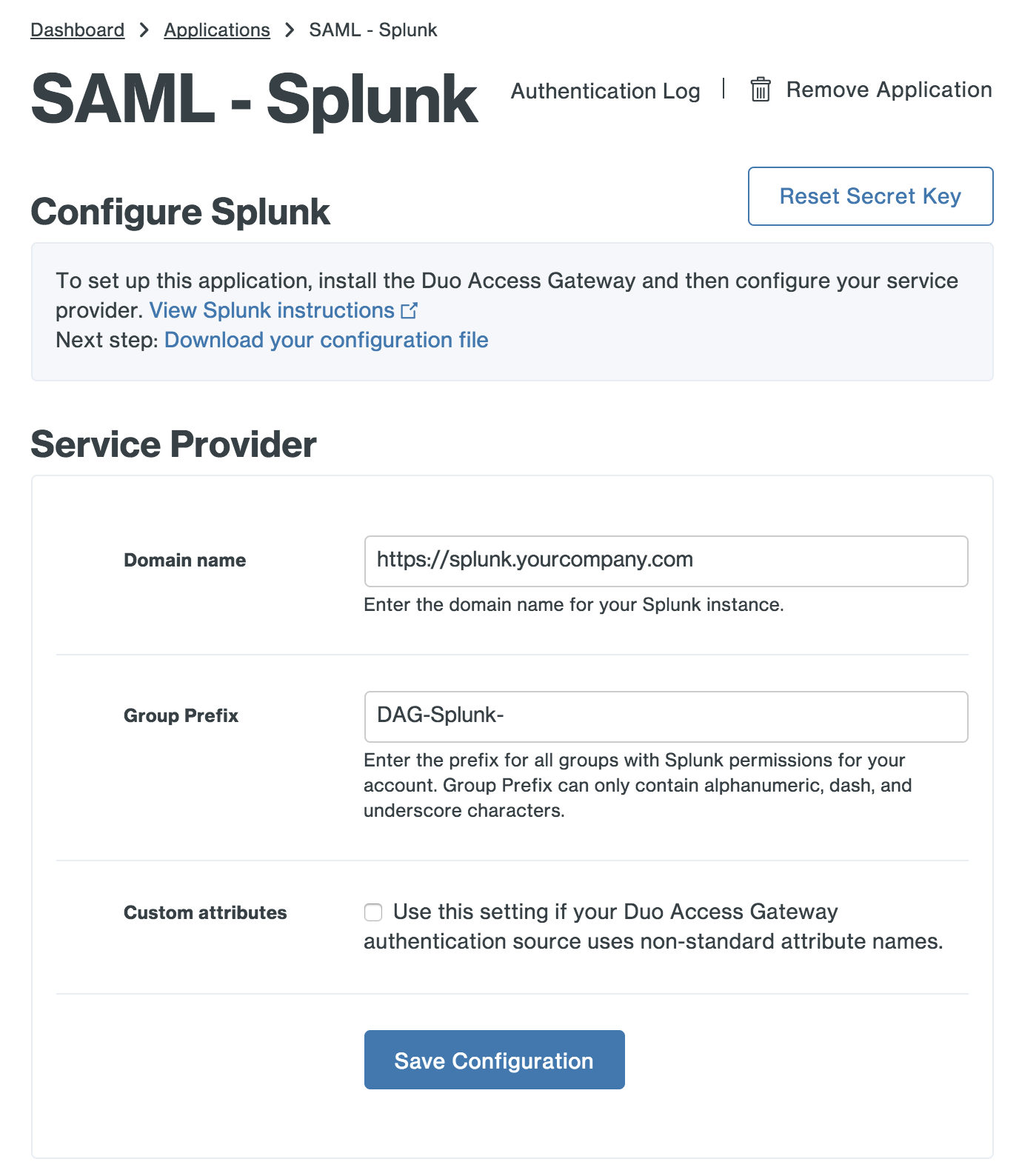 Duo Splunk Application Settings