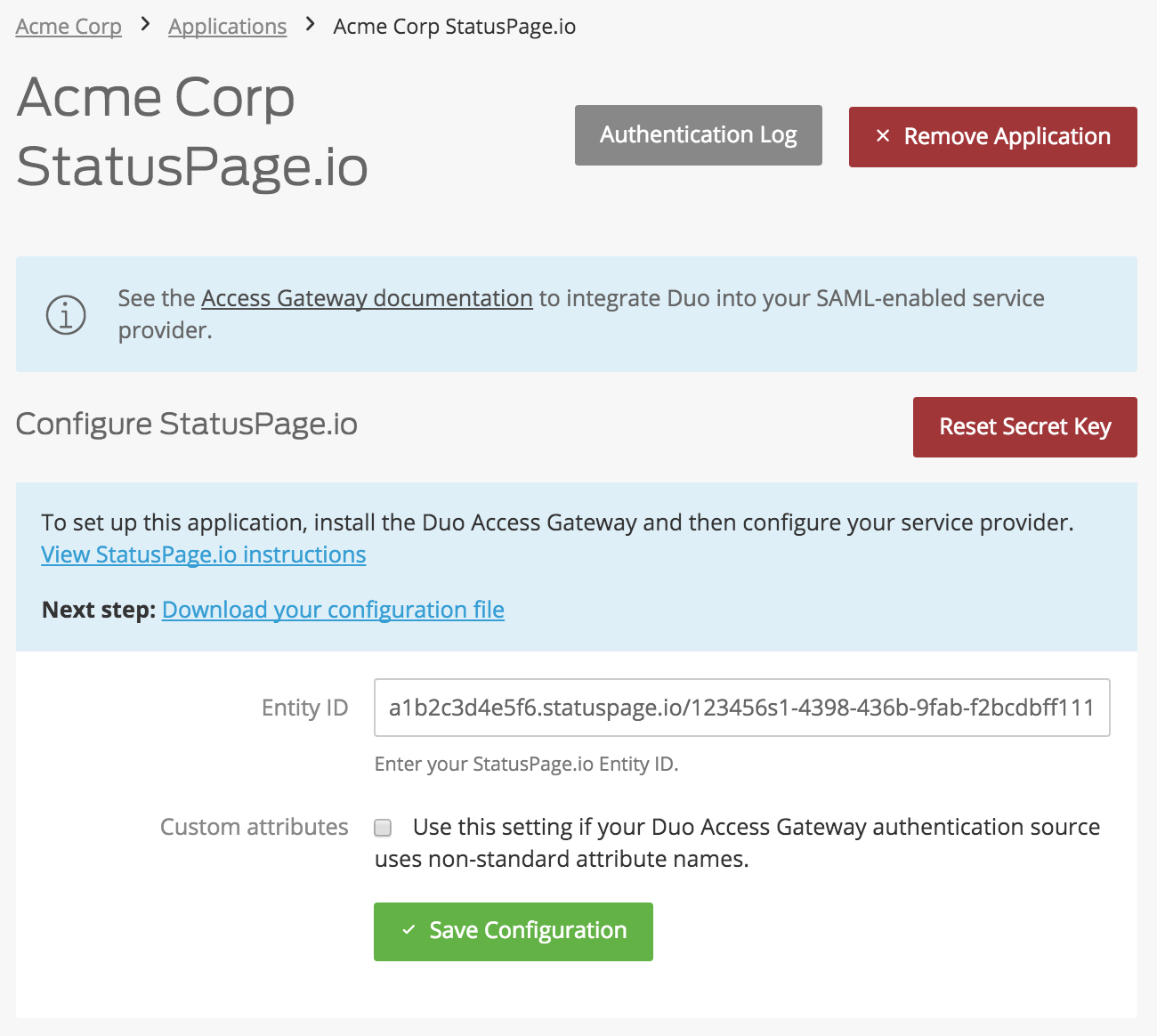 Duo StatusPage.io Application Settings