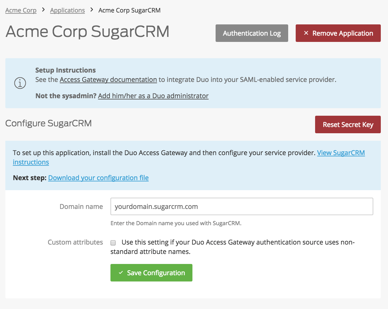Duo SugarCRM Application Settings